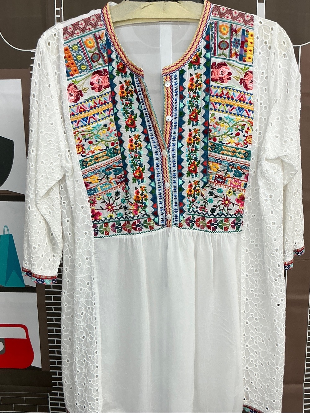 Johnny Was White Eyelet Tunic with Multicolor Embroidered Bib